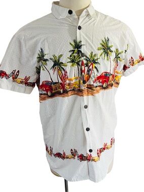 High Surf Hawaiian Camp Shirt Mens Sz XL White Beach Border Print Woody Cars